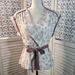NWT Monteau Mauve/Rose Floral Wrap Women's Blouse Top Tie-Belt Peplum